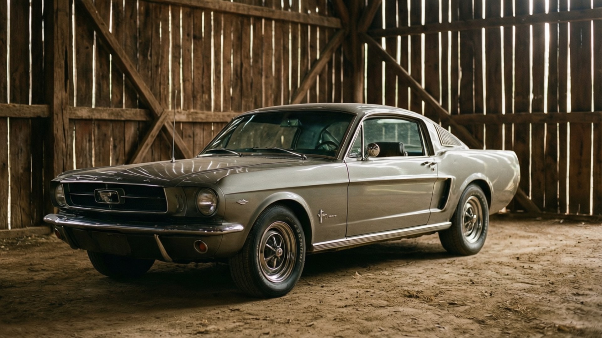 銀色經典1967年福特野馬Fastback停放在木製穀倉的泥土地板上
