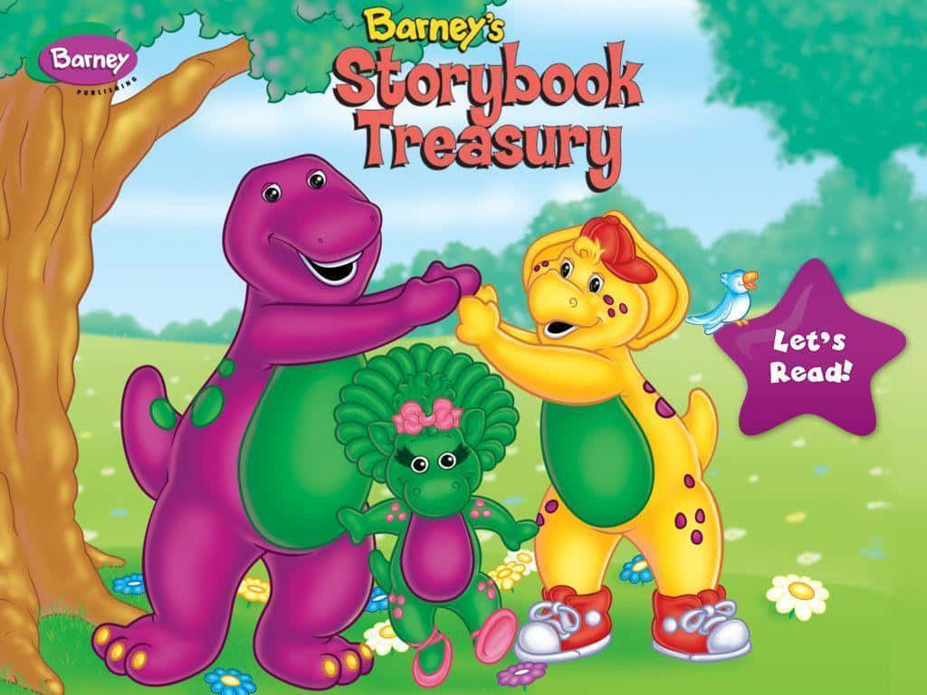 barney 桌布 壁紙 — Barney 和朋友們愉快地聚集在樹下，身處一片明亮綠色的草地上，有花朵和一個星形標語牌寫著「一起閱讀吧！」