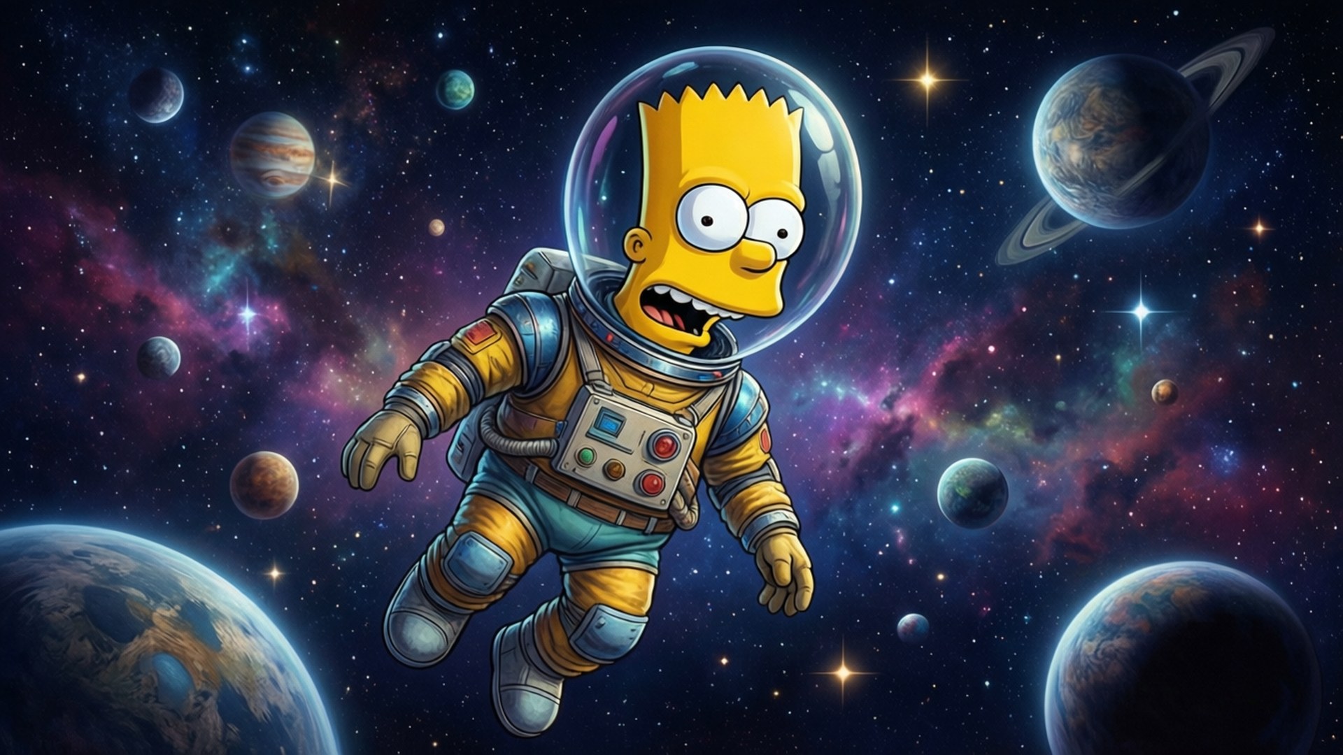 巴特·辛普森穿著太空衣在太空中的彩色行星和星星之間漂浮。