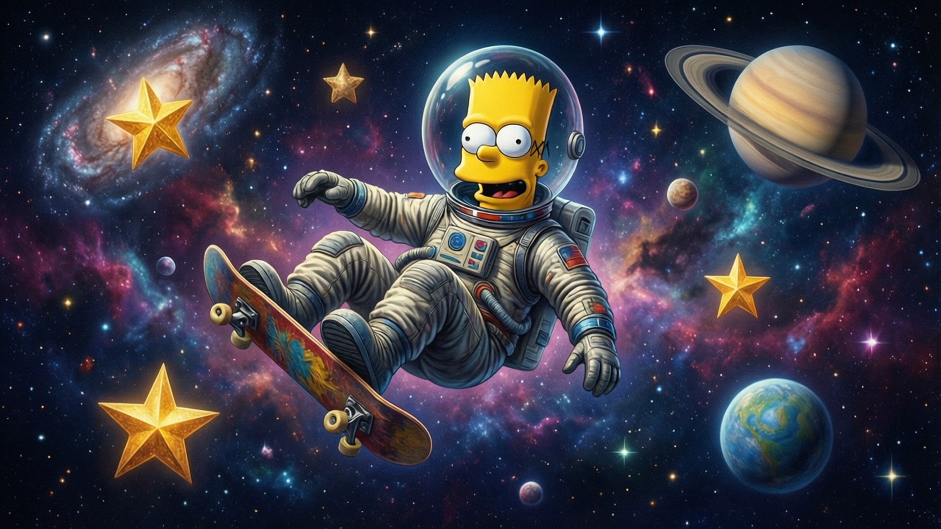 巴特·辛普森穿著太空衣在行星和星星之間踩滑板
