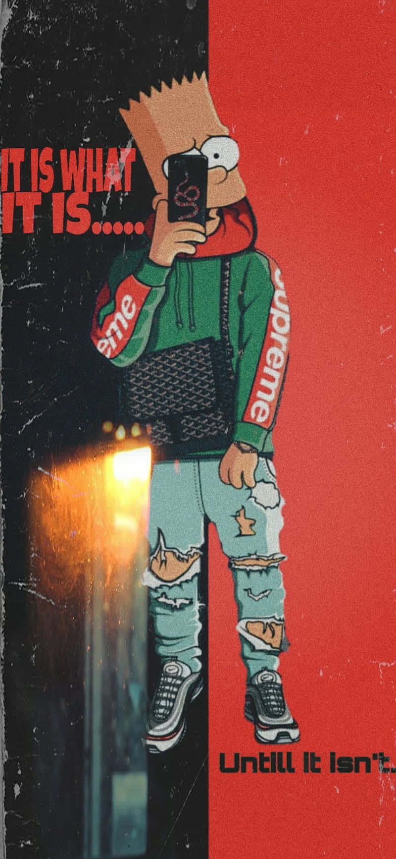  壁紙 — Bart Simpson 穿著破洞牛仔褲和 Supreme 連帽衫，在路燈下以分裂的黑色和紅色背景自拍。