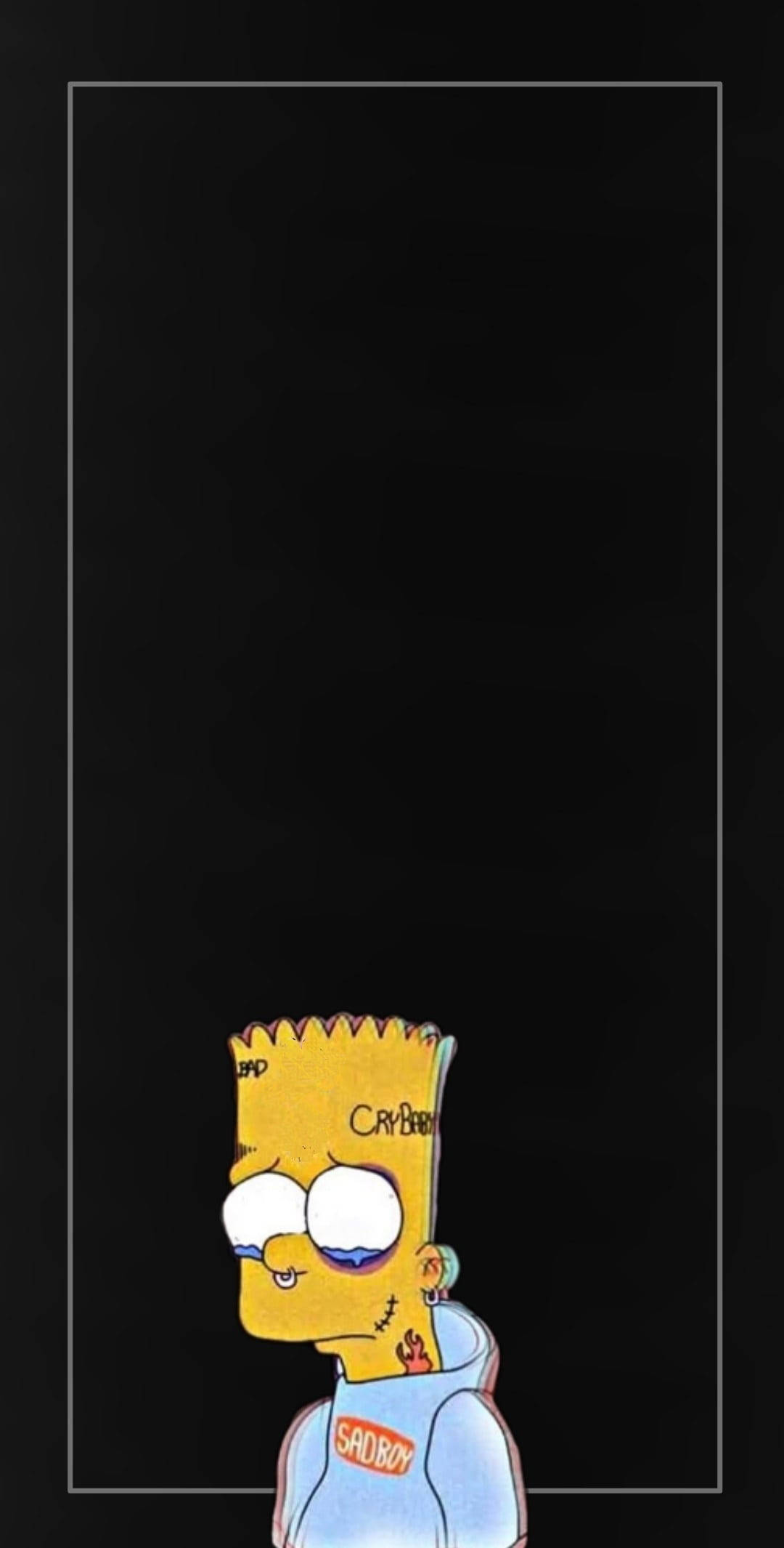 Bart Simpson 在黑色背景下，頭上紋有 'CRYBABY' 字樣，看起來很疲倦。