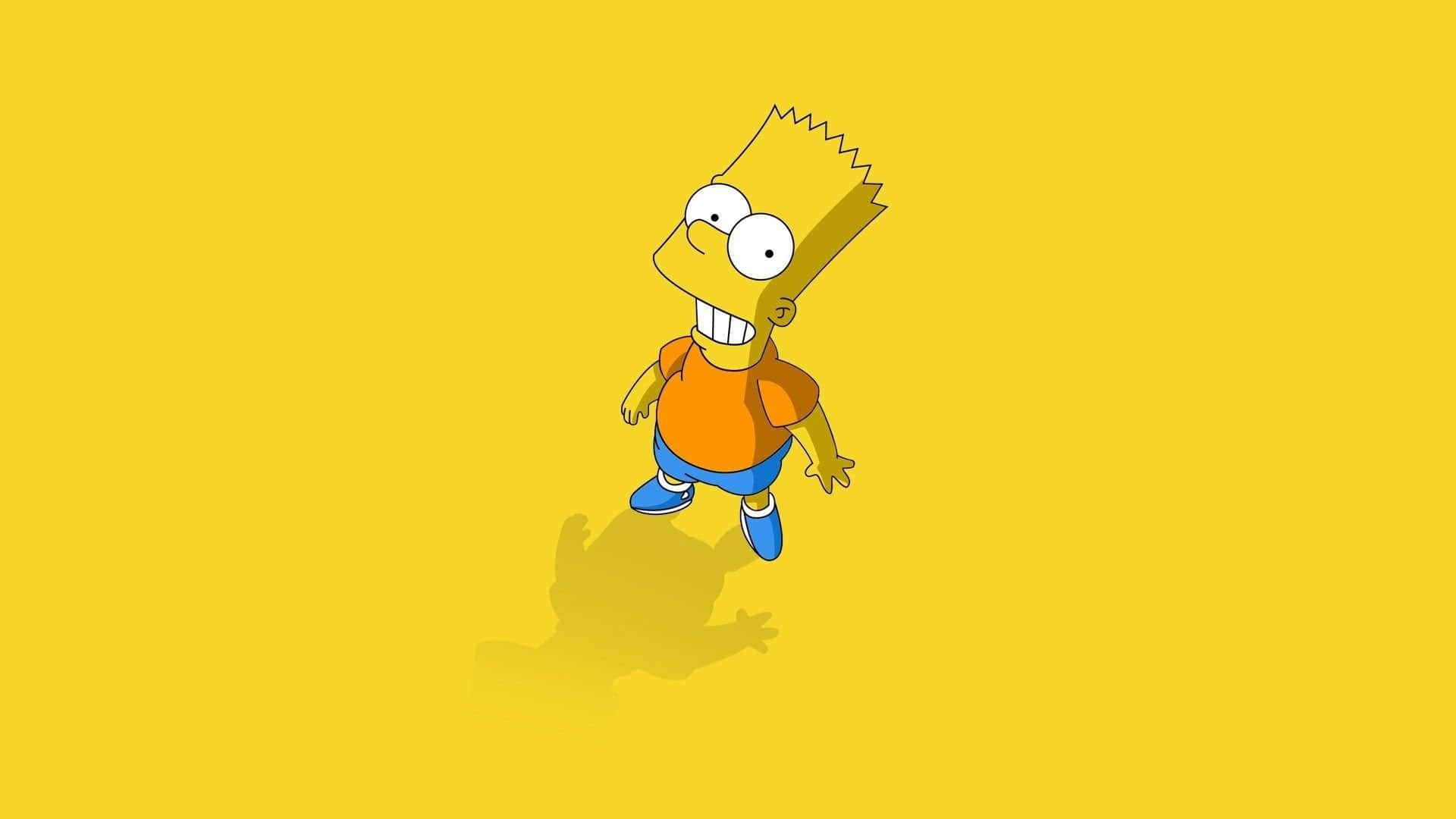 阿森一族 桌布 壁紙 — Bart Simpson 卡通角色，身穿橙色襯衫和藍色短褲，站在帶有陰影的純黃色背景前。