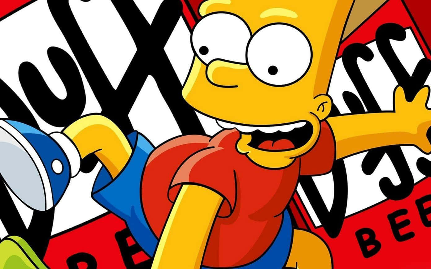 阿森一族 桌布 壁紙 — Bart Simpson 卡通角色身穿紅色襯衫和藍色短褲，在塗鴉背景前歡樂跳躍。