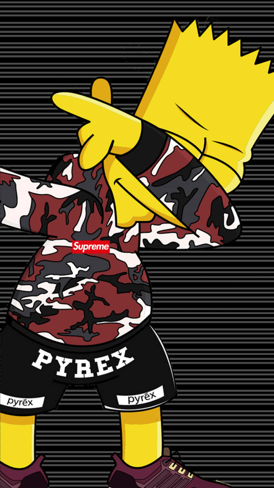 「D'oh！」 壁紙 — Bart Simpson 穿著帶有 Supreme 和 Pyrex 品牌標誌的紅、黑、白色迷彩服，在黑色條紋背景前自信地擺出姿勢。
