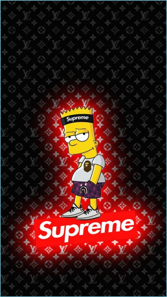路易威登 桌布 壁紙 — Bart Simpson 身穿 Supreme 裝備，站在黑色 Louis Vuitton 字母組合背景上，背後有發光的紅色光環。