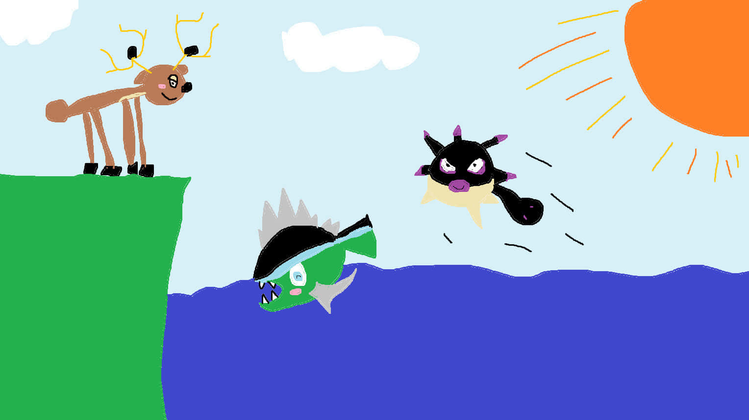 可愛Basculin藝術作品 壁紙 — 卡通鹿看著一條綠色魚和黑色生物在藍色水中濺起水花，上方是明亮的橙色太陽。