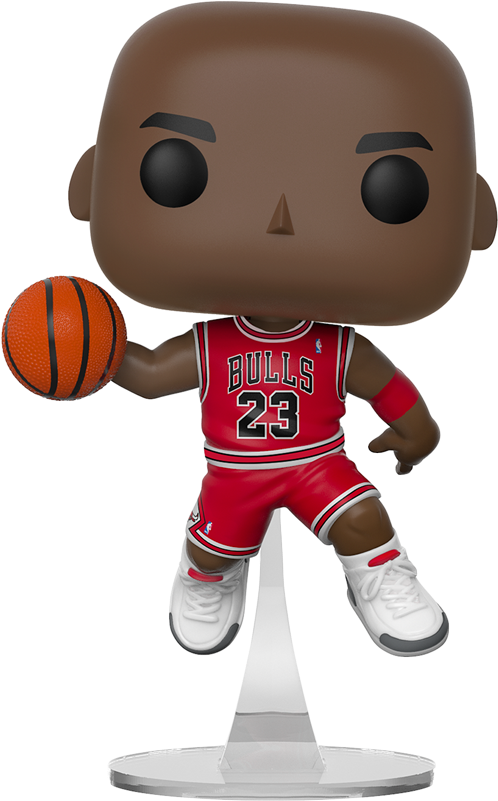 Basketball Figurine Bulls23 壁紙 — 一個穿著紅色公牛隊23號球衣、手持籃球、站在白色底座上的米高佐敦Funko Pop人偶。