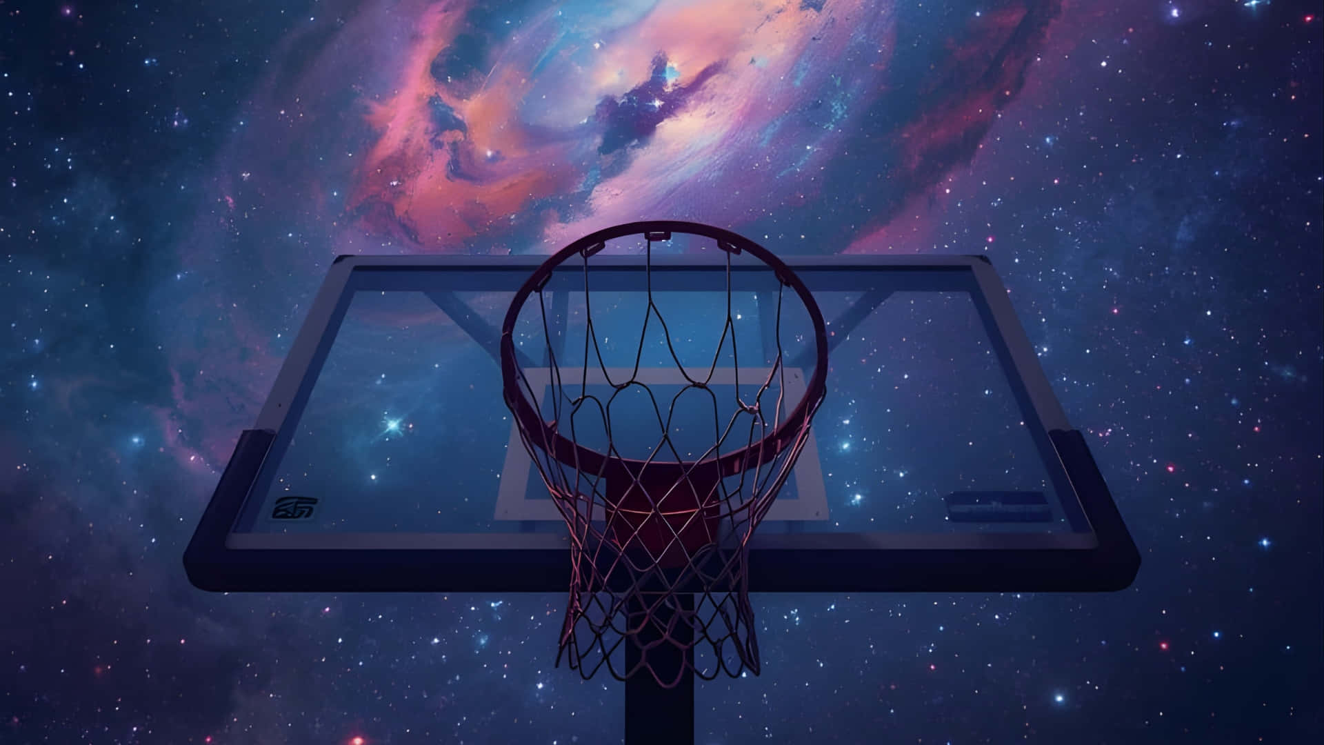  壁紙 — 一個籃球框矗立在充滿旋轉粉紅、紫色和藍色星星的 vibrant 宇宙星雲前。
