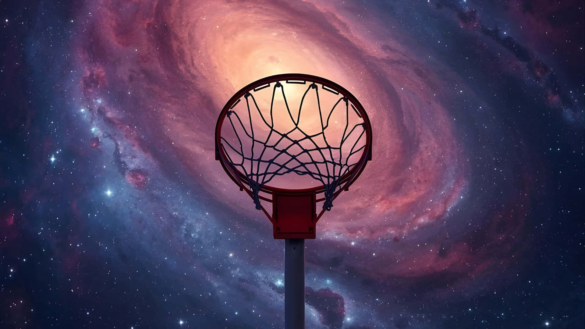  壁紙 — 一個籃球框矗立在旋轉的宇宙星系背景前，帶有鮮豔的粉紅色和藍色星雲。