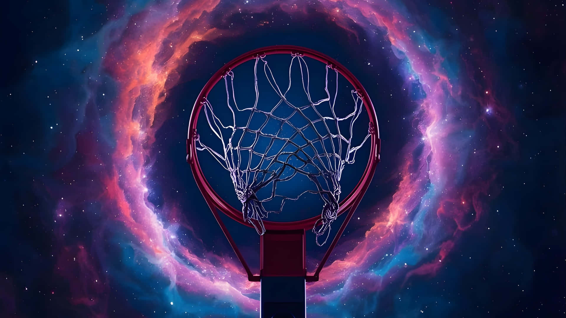  壁紙 — 一個籃球框居中矗立，背景是粉紅色、藍色和紫色星星旋轉的宇宙星雲。