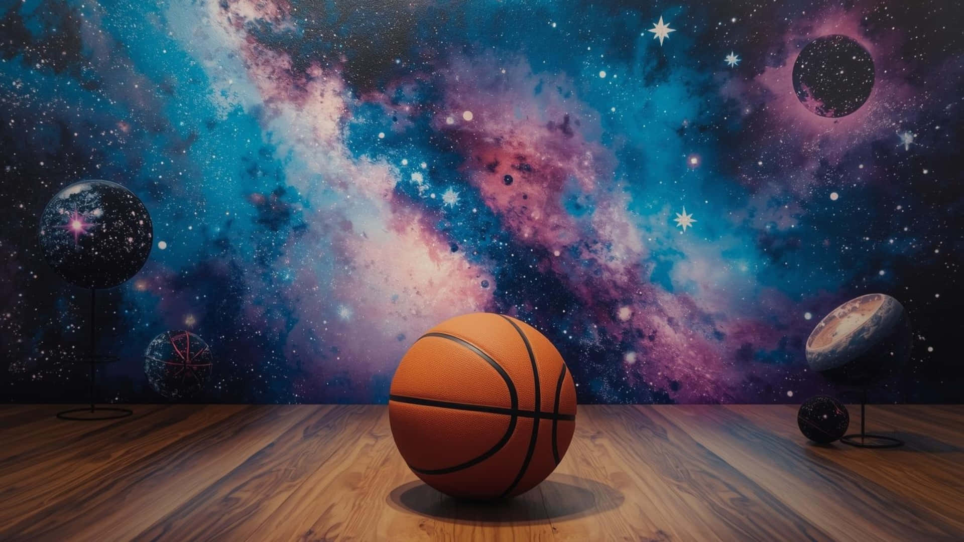  壁紙 — 一個籃球放在木地板上，背景是充滿旋轉星雲和漂浮行星的鮮豔宇宙場景。