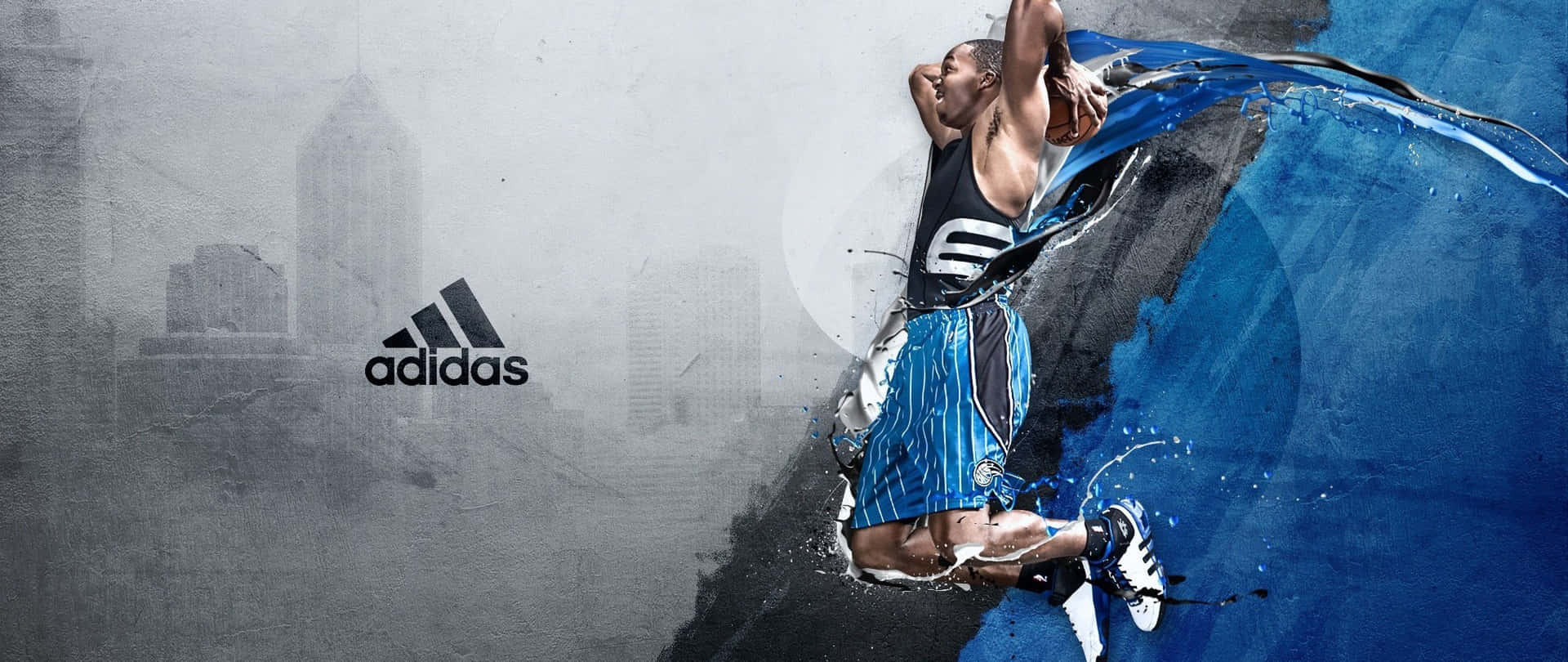 運動員在帶有Adidas品牌的都市環境中執行強力扣籃。