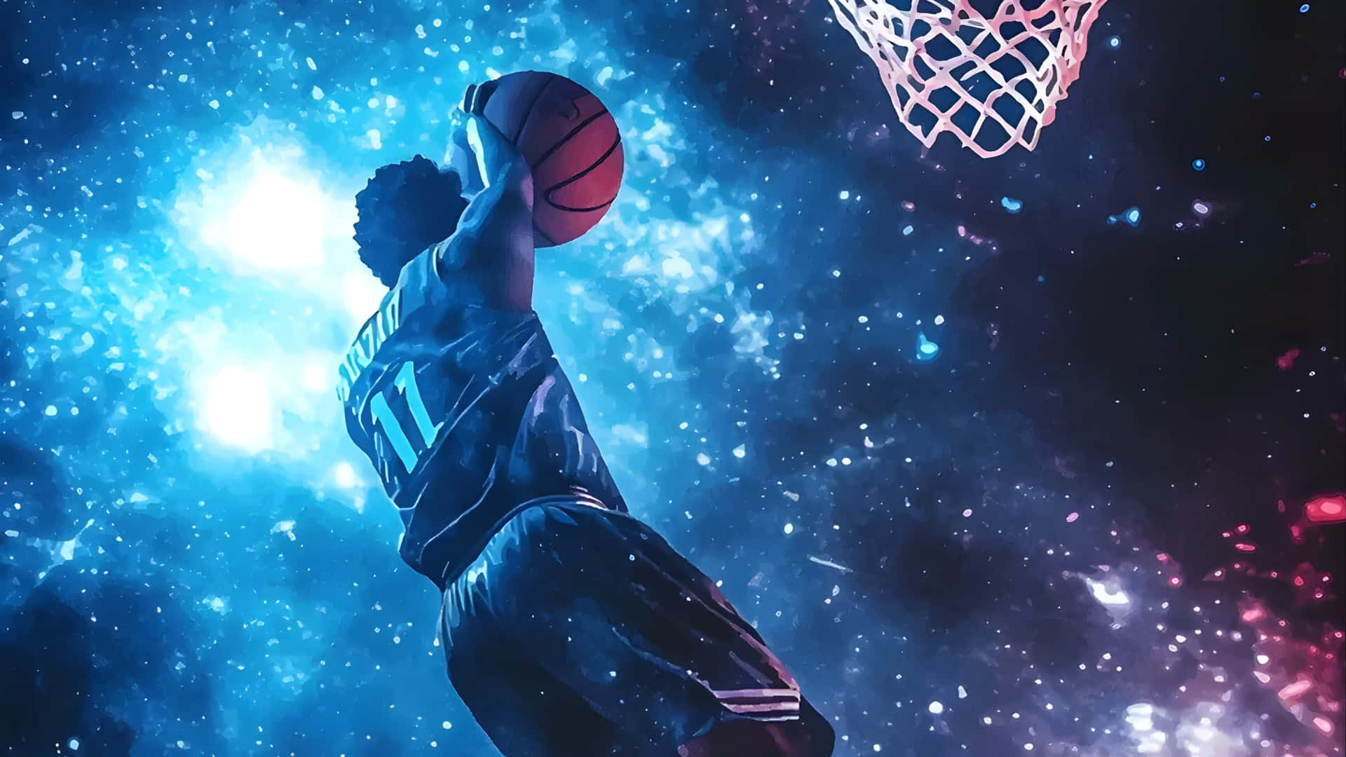  壁紙 — 一名籃球運動員在宇宙場景中，在佈滿星星、散發藍色和粉紅色光芒的星雲下灌籃。