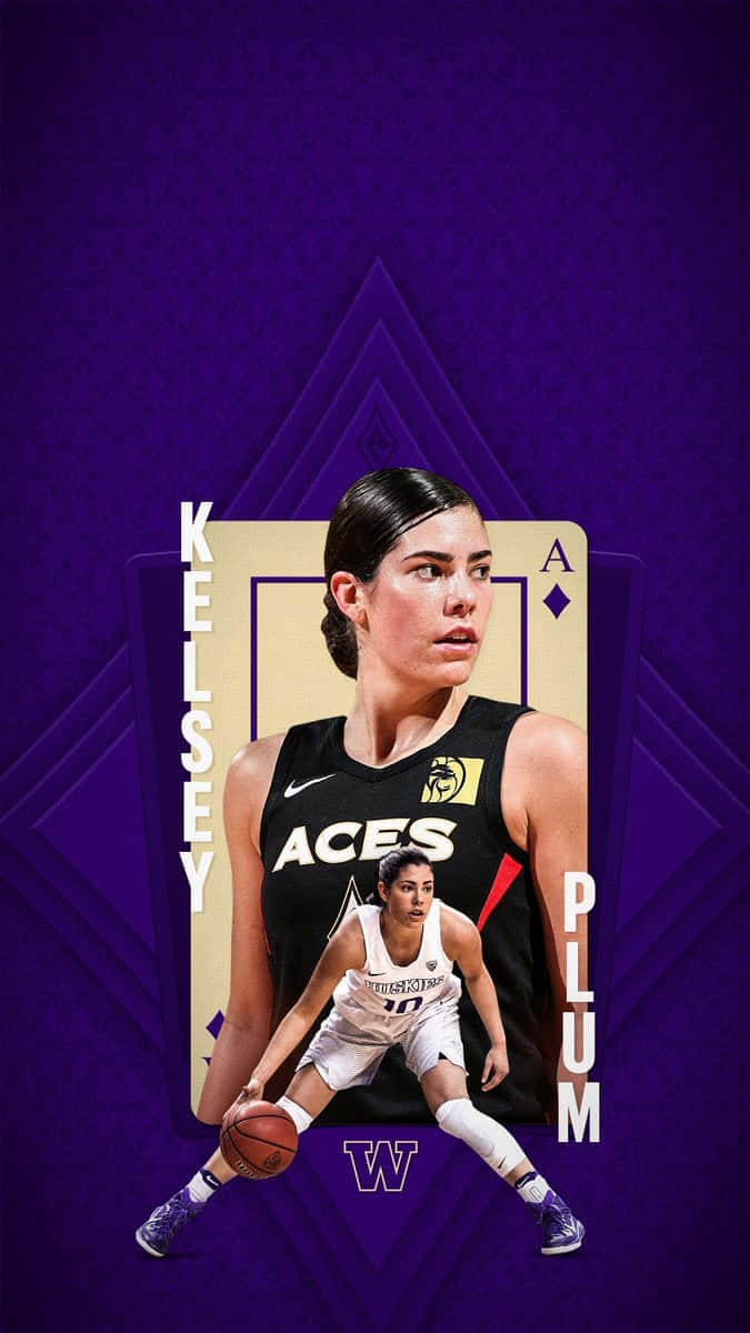 壁紙 — 一位身穿黑色「ACES」球衣的籃球運動員自信地站在紫色幾何背景前，顯示她的名字和紙牌花色。