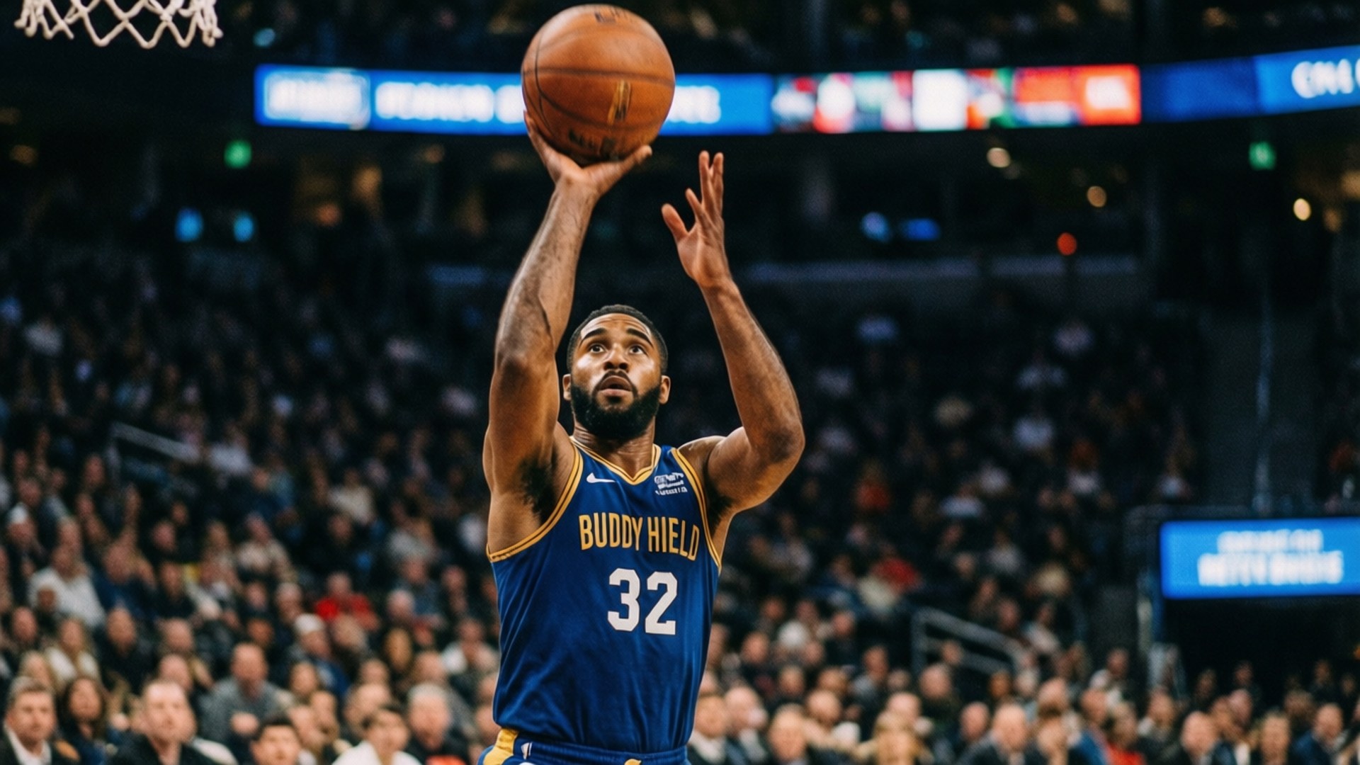 buddy hield 桌布 壁紙 — 一名身穿藍色球衣的籃球運動員在明亮的場館燈光下跳投，身後是模糊的人群。