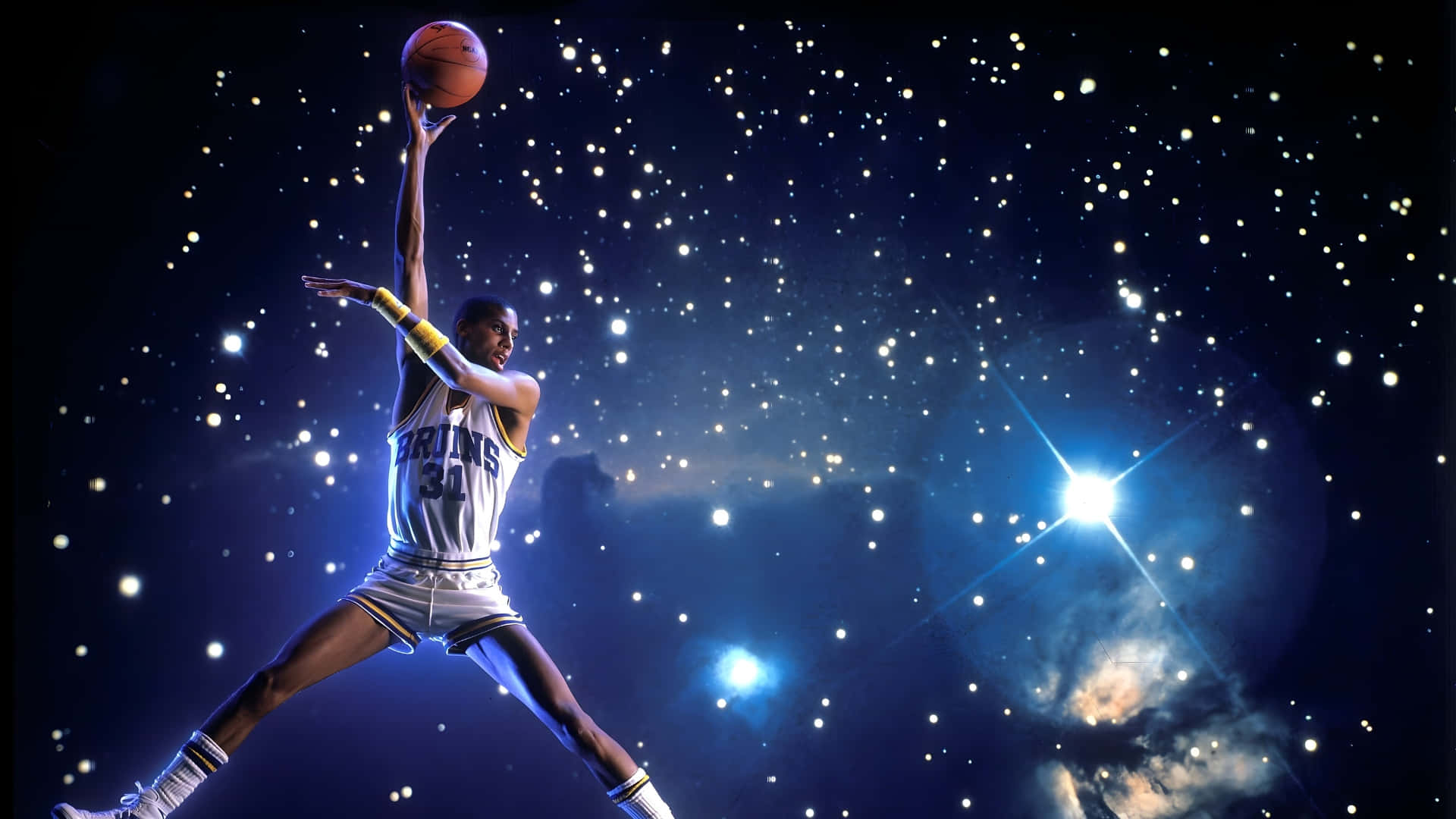  壁紙 — 一名身穿白色球衣的籃球運動員在星光熠熠的宇宙背景下，伴隨著發光的星雲投籃。