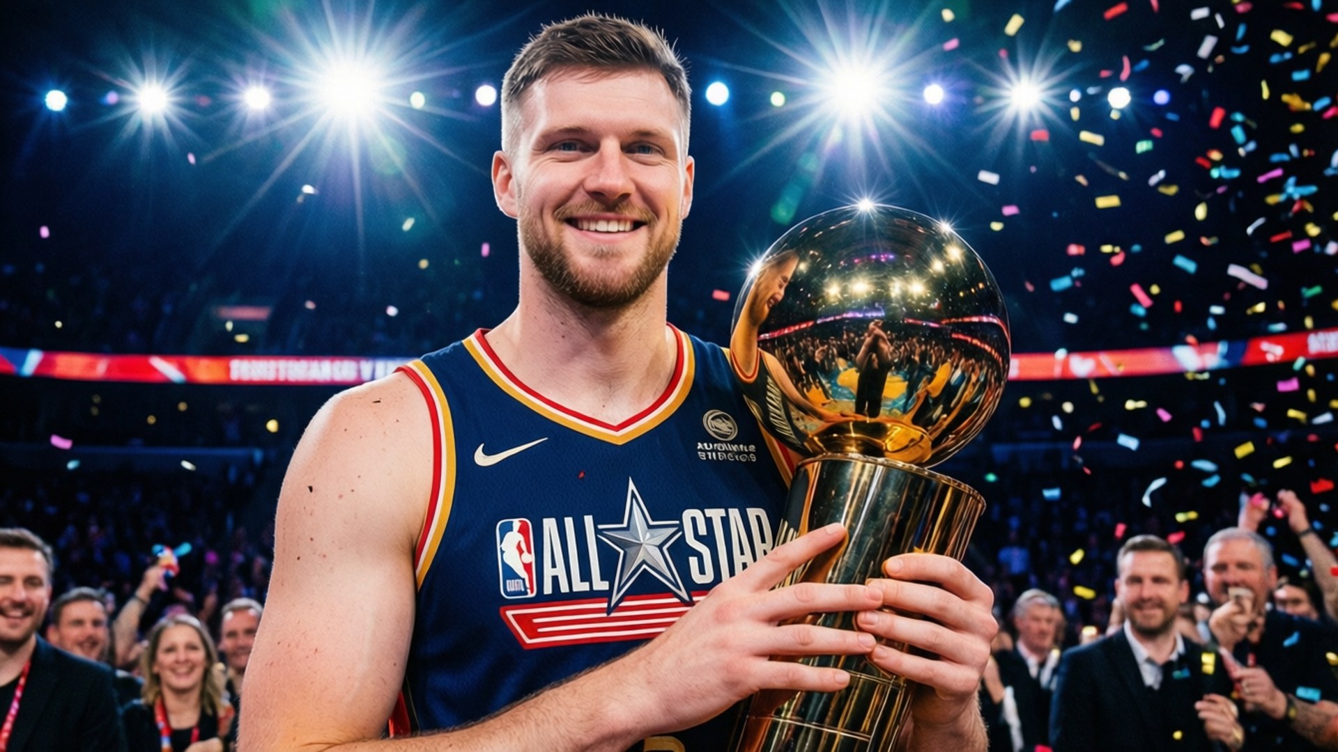 Kristaps Porzingis 桌布 壁紙 — 一位微笑的籃球運動員身穿全明星球衣，在明亮的場館燈光下，五彩紙屑如雨般灑落，他高舉閃閃發光的獎盃。