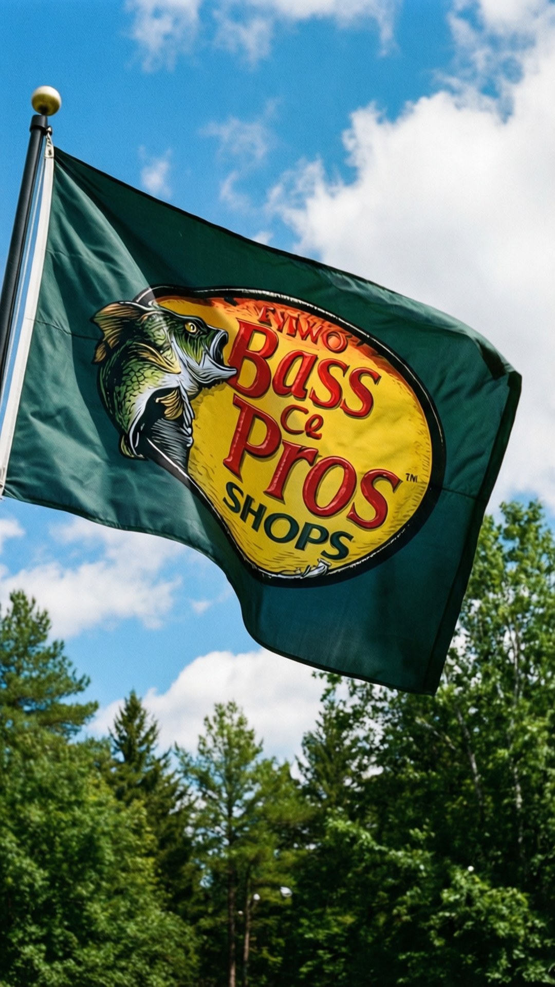Bass Pro Shops旗幟在森林中飄揚，背景是藍天白雲