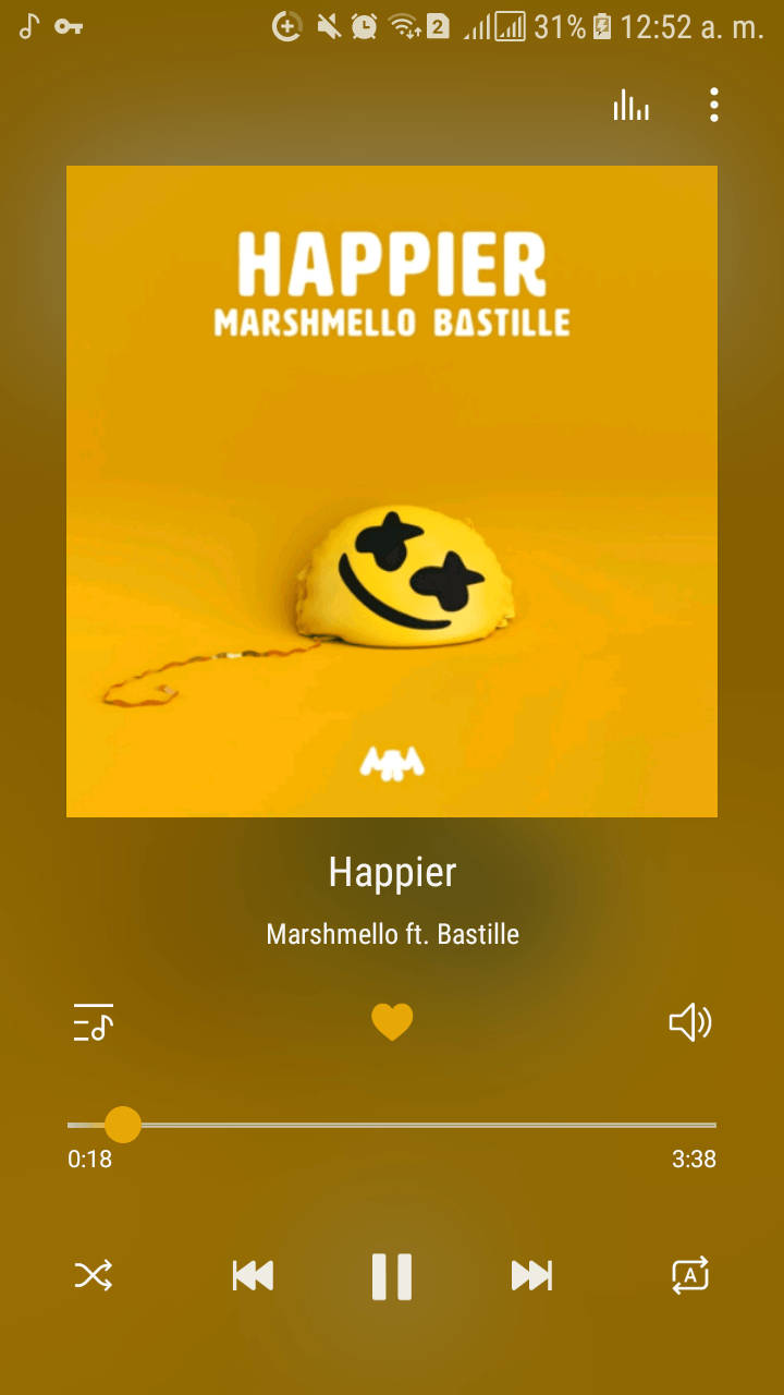 Bastille《Happier》播放清單 壁紙 — 一個黃色笑臉毛絨玩具戴著黑色太陽眼鏡，坐在純黃色背景上，下方有文字 'HAPPIER MARSHMELLO BASTILLE'。