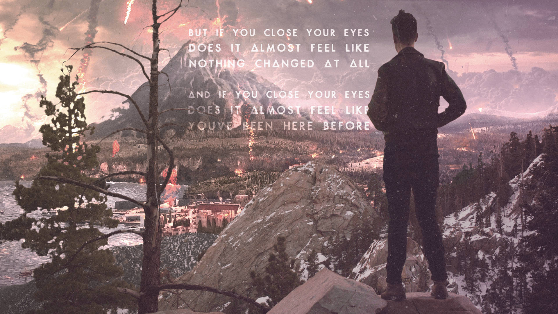 Bastille《Pompeii》歌詞 壁紙 — 一個孤獨的身影站在白雪覆蓋的山脊上，俯瞰著暮色中的山谷小鎮，天空如火，並疊加了詩意的文字。