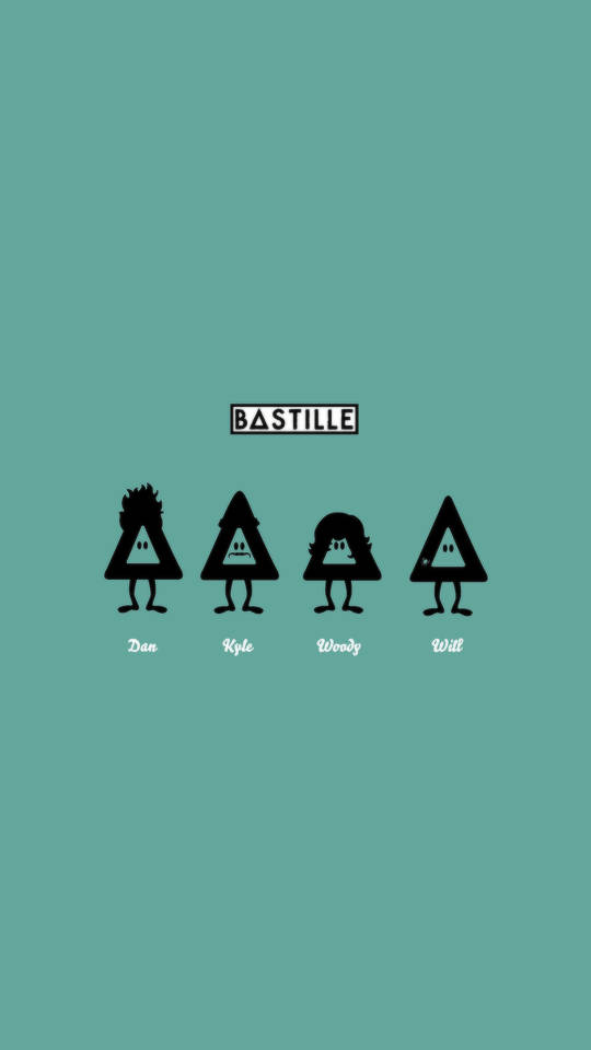 Bastille 成員名稱 壁紙 — 四個黑色三角形形狀的樂隊成員，各有不同的髮型，站在青綠色背景上，樂隊名稱Bastille。