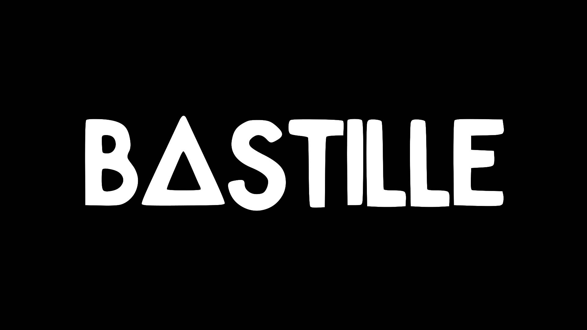 Bastille基本標誌 壁紙 — 粗體白色風格文字拼寫 BASTILLE 居中於純黑色背景上。