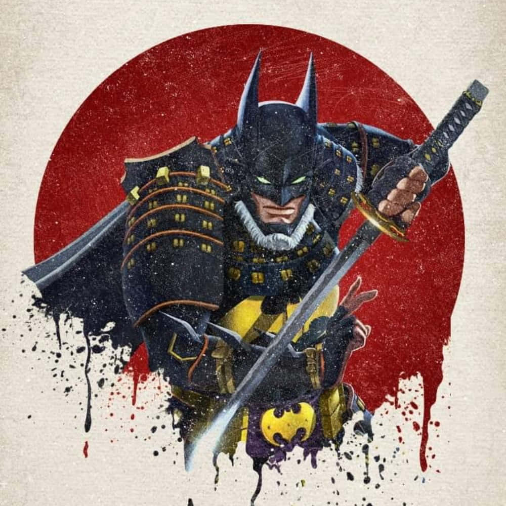  壁紙 — 蝙蝠俠身穿武士鎧甲，在紅色太陽背景下揮舞武士刀，並帶有油漆飛濺效果。