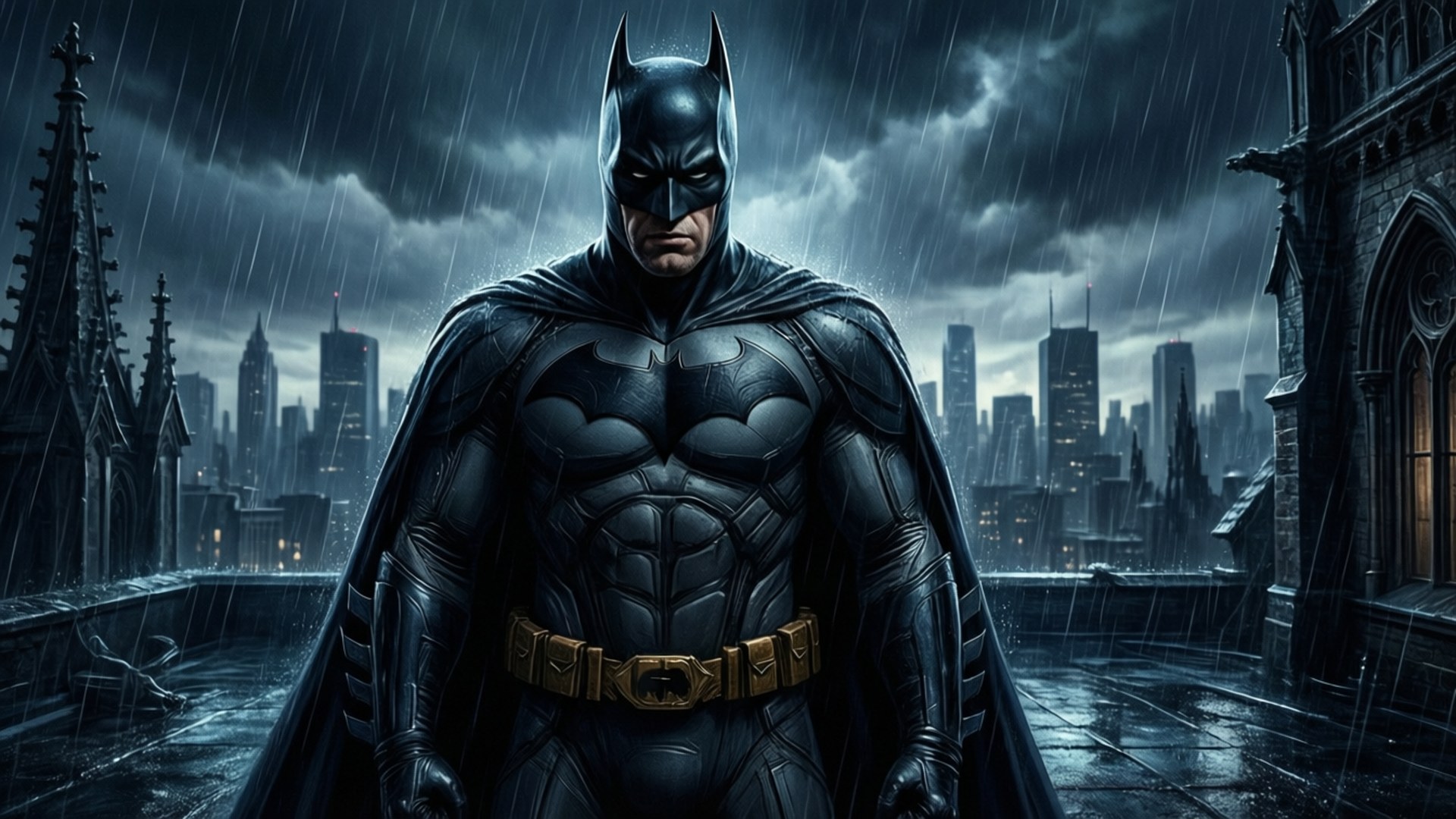 Absolute Batman 桌布 壁紙 — 蝙蝠俠在暴雨中的高譚市景觀中堅定站立，暴風雨夜空下閃電照亮他的裝甲剪影。