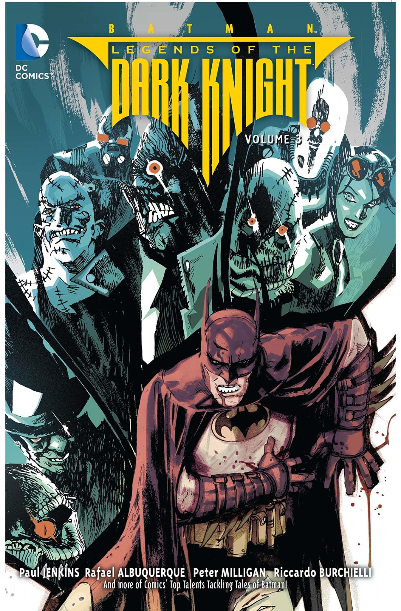 Legends Of The Dark Knight 桌布 壁紙 — 蝙蝠俠在黑暗的漫畫書封面上，挑釁地站在一群怪誕的惡棍面前。