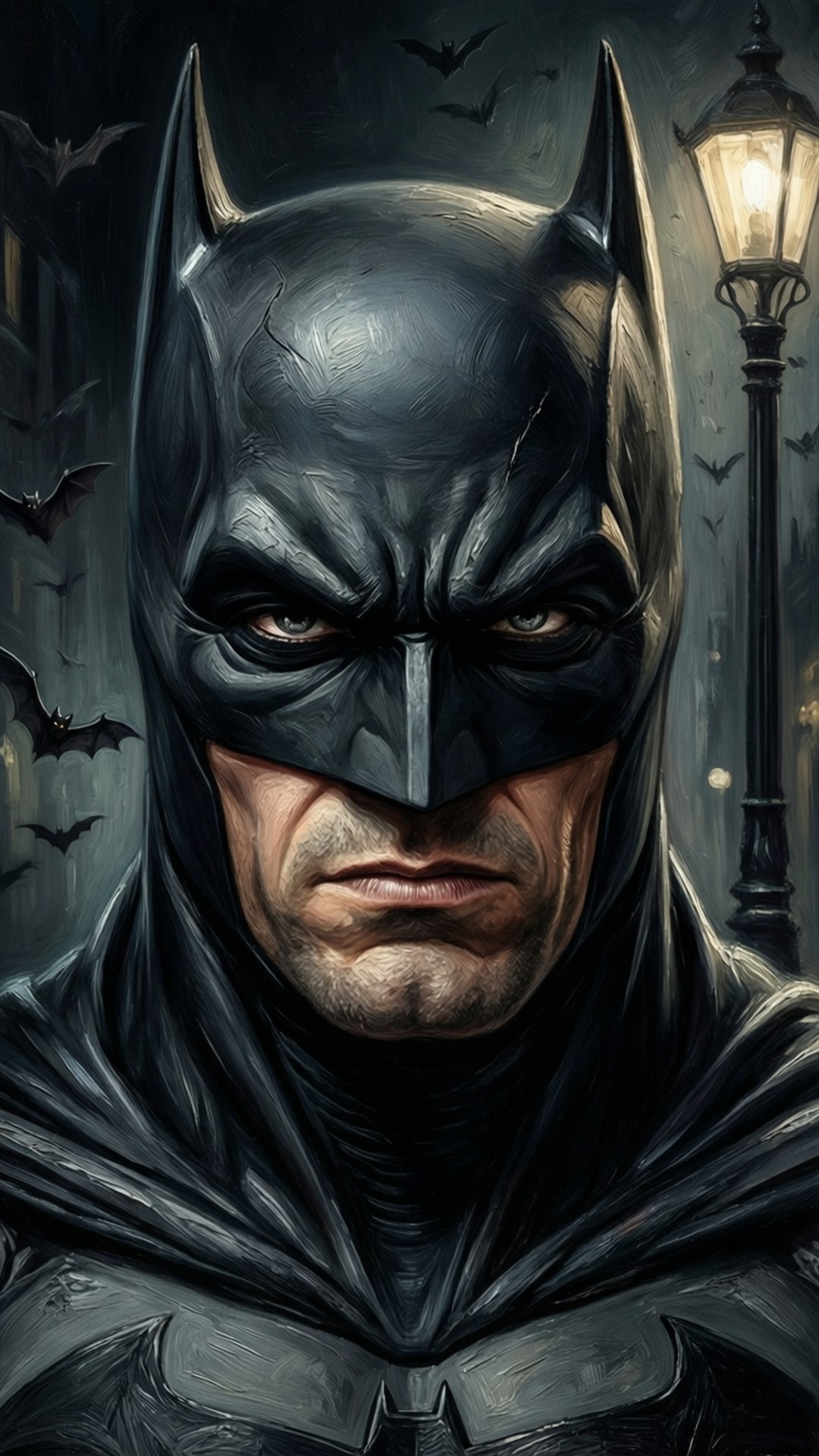 Absolute Batman 桌布 壁紙 — 蝙蝠俠在閃爍的路燈下凝視，蝙蝠在陰沉的夜空中飛翔。