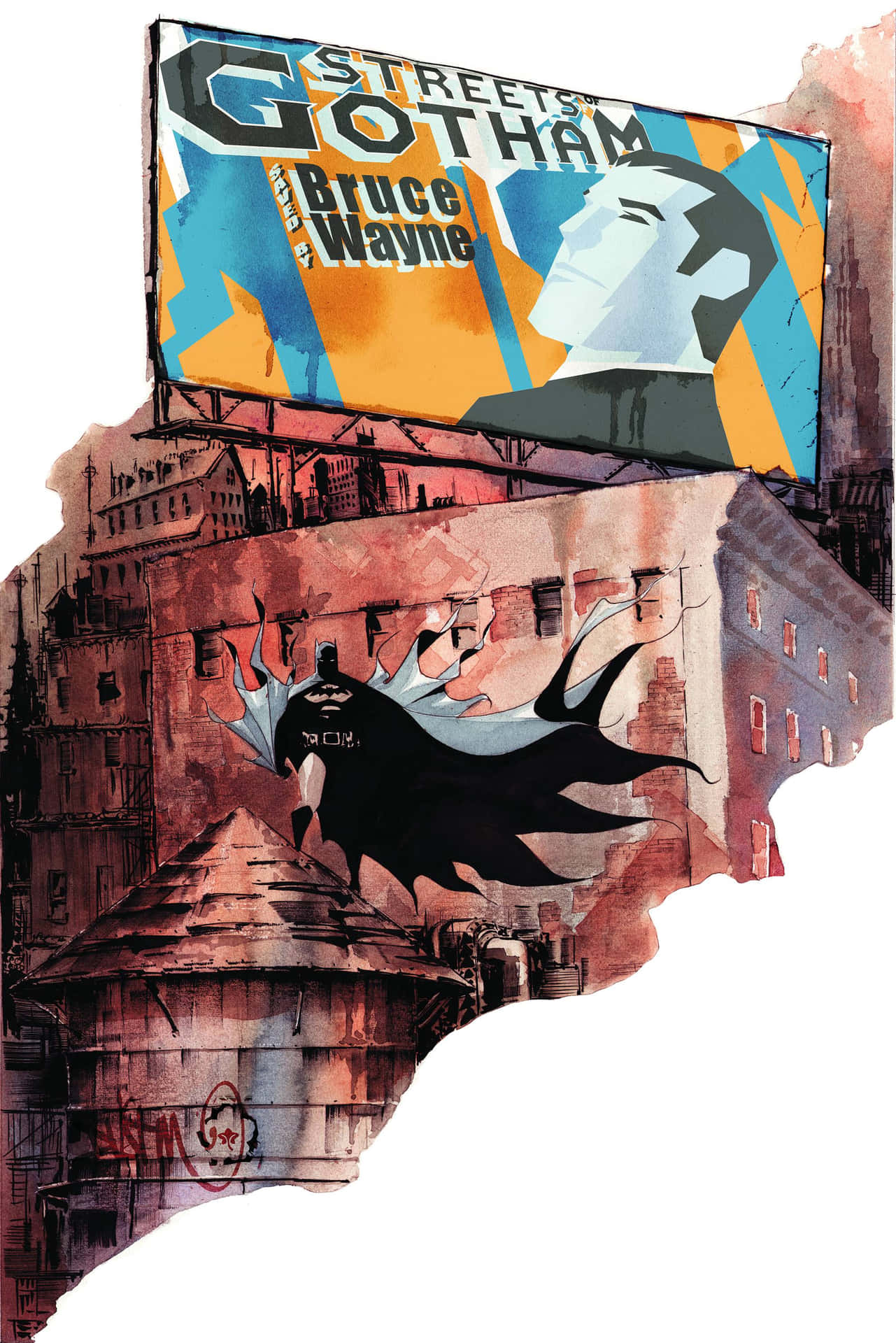  壁紙 — 蝙蝠俠在一個顯示布魯斯·韋恩臉孔和「Streets of Gotham」字樣的廣告牌下，飛越陰暗的高譚市屋頂。