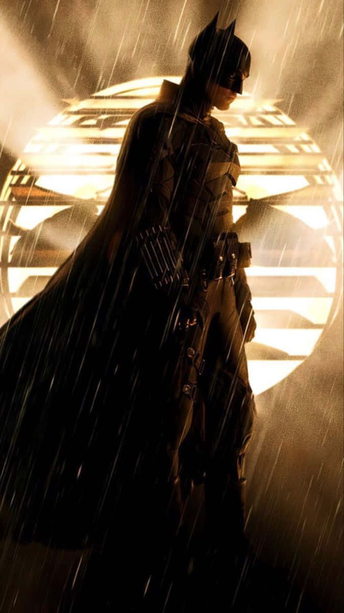  壁紙 — 蝙蝠俠站在暴風雨中，披風飄揚，金色光線透過他身後的圓形結構照射出來。