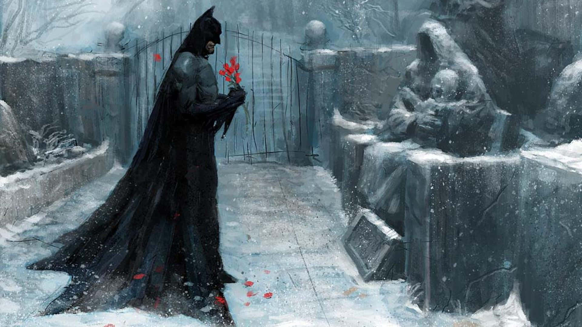  壁紙 — 蝙蝠俠莊嚴地站在雪地墓園中，在墓碑前手持紅玫瑰，雪花飄落。