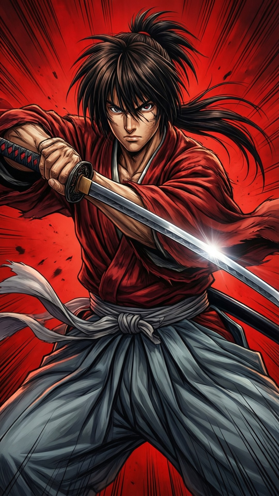 動漫武士戰士，身穿紅色長袍和灰色褲子，揮舞著發光的武士刀，表情強烈。