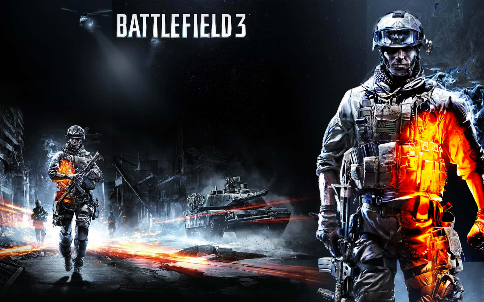 Battlefield 3 身穿戰鬥裝備的士兵穿越燃燒的城市街道。