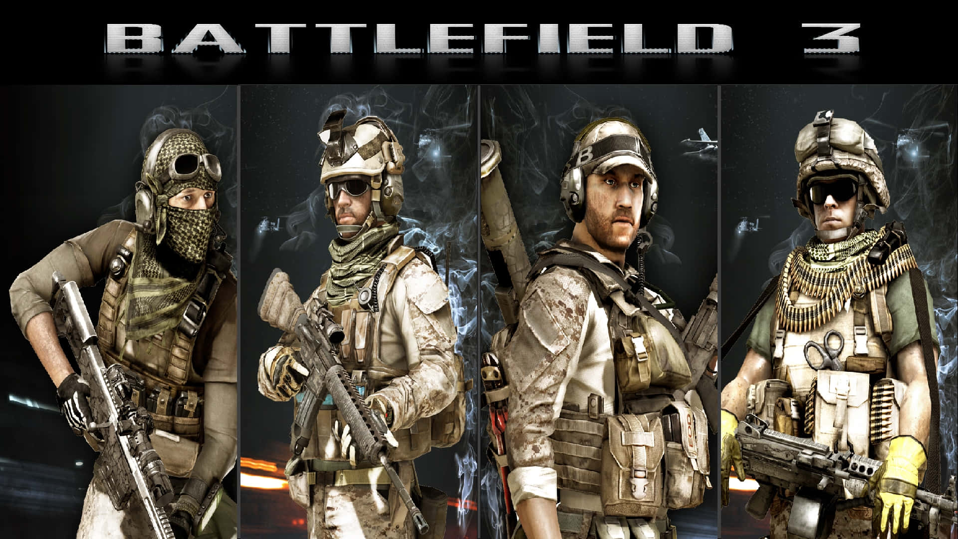 《Battlefield 3》壯觀戰場風景 壁紙 — 四名身穿戰術裝備的重武裝士兵站在《戰地風雲3》的煙霧彌漫戰場場景中。