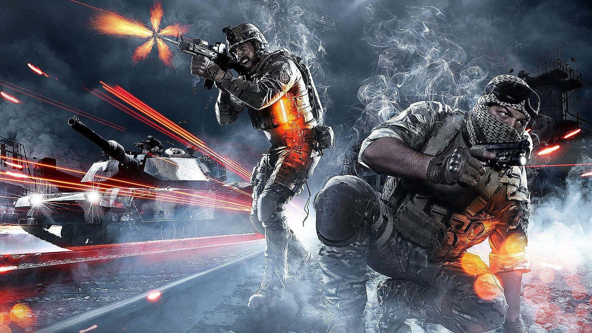 《Battlefield 3》準備好迎接戰鬥 壁紙 — 兩名身穿戰鬥裝備的士兵在爆炸和煙霧中開火，背景有一輛坦克。