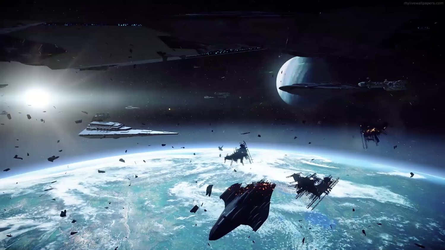  壁紙 — Battlestar 飛船在藍色星球上空，漂浮的碎片和發光的太陽之間，於深空中碰撞。