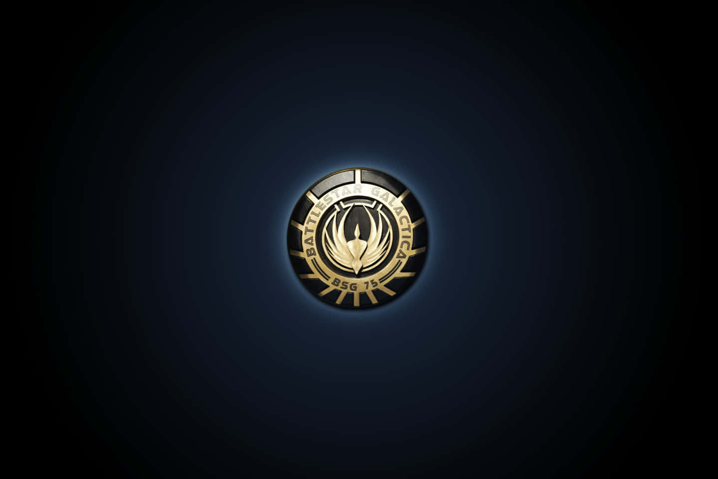 Battlestar Galactica 標誌在深藍色漸變中發光