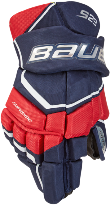 Bauer Supreme S29冰球手套 壁紙 — 一個近距離拍攝的海軍藍、紅和白色Bauer Supreme曲棍球手套，帶有S29品牌標誌，背景簡潔。