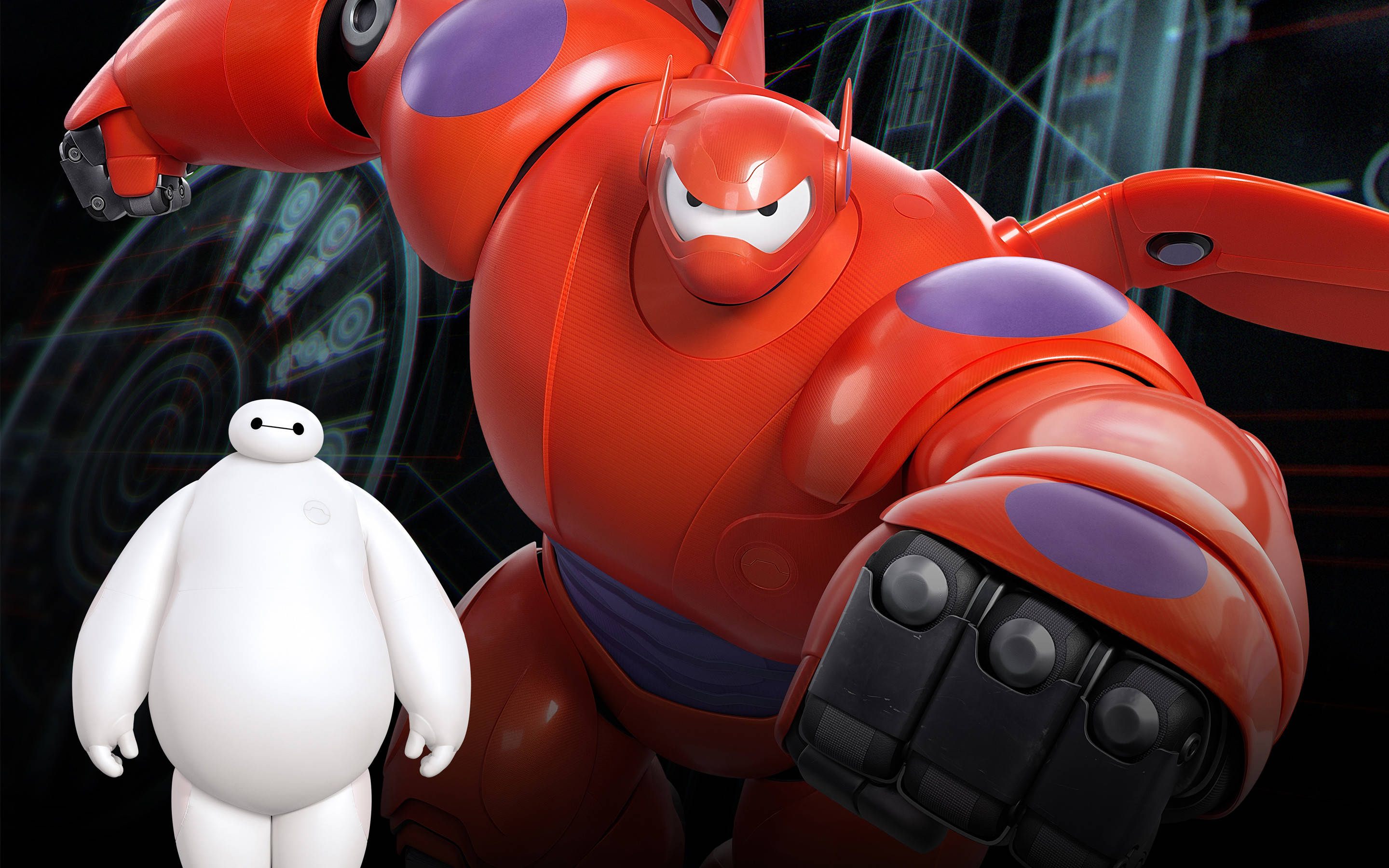 Baymax 版本 2 壁紙 — 一個高聳的紅色 Baymax 機械人保護性地站在一個白色小型 Baymax 旁邊，處於高科技數位環境中。