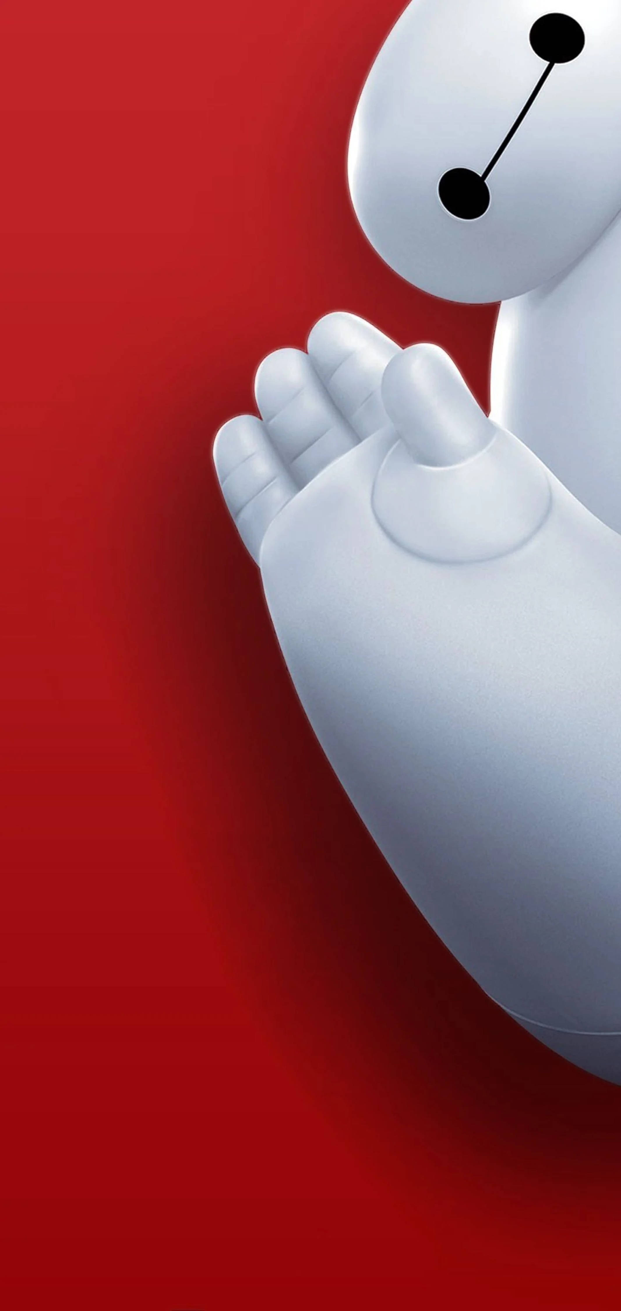 Baymax Punch Hole 4K 壁紙 — Baymax 白色機械手和頭部的大特寫，背景為大膽的紅色。