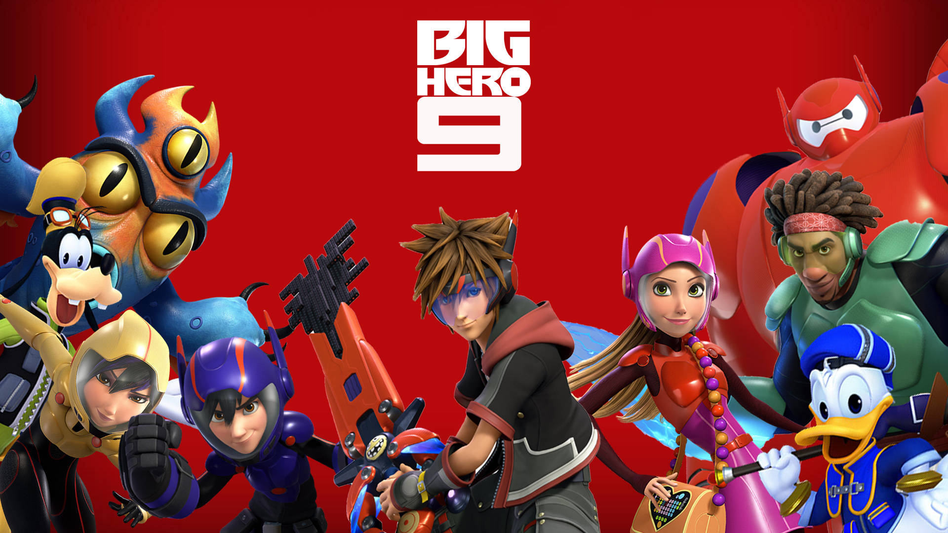 Baymax與《王國之心》 壁紙 — 一群充滿活力的動畫英雄和搭檔在帶有 'Big Hero 9' 標誌的醒目紅色背景前自信地擺出姿勢。