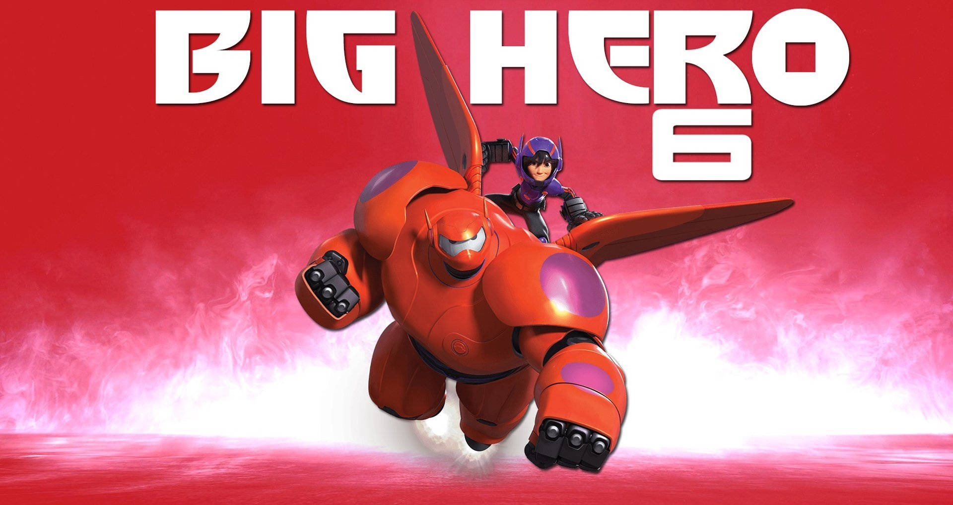 Baymax與Hiro戰鬥裝備 壁紙 — 一個巨大的橙色機械人載著騎手，在充滿活力的紅色天空中翱翔，留下白色煙霧痕跡。