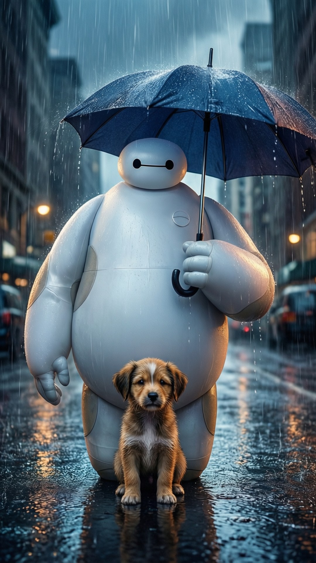一個大型白色機械人在下雨的城市環境中用藍色雨傘保護一隻棕色小狗。
