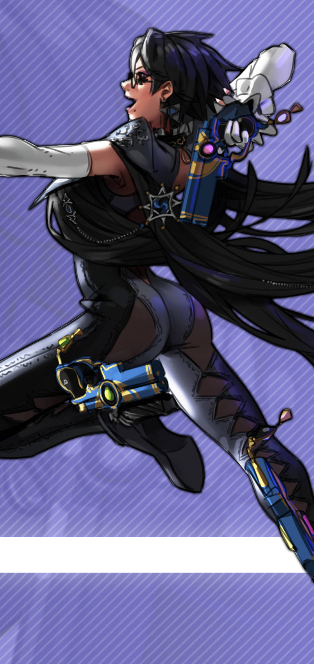 Bayonetta 紫色背景 壁紙 — 一個充滿動感的動漫女孩，長長的黑髮和未來風格的裝備，在紫色條紋背景上跳躍。
