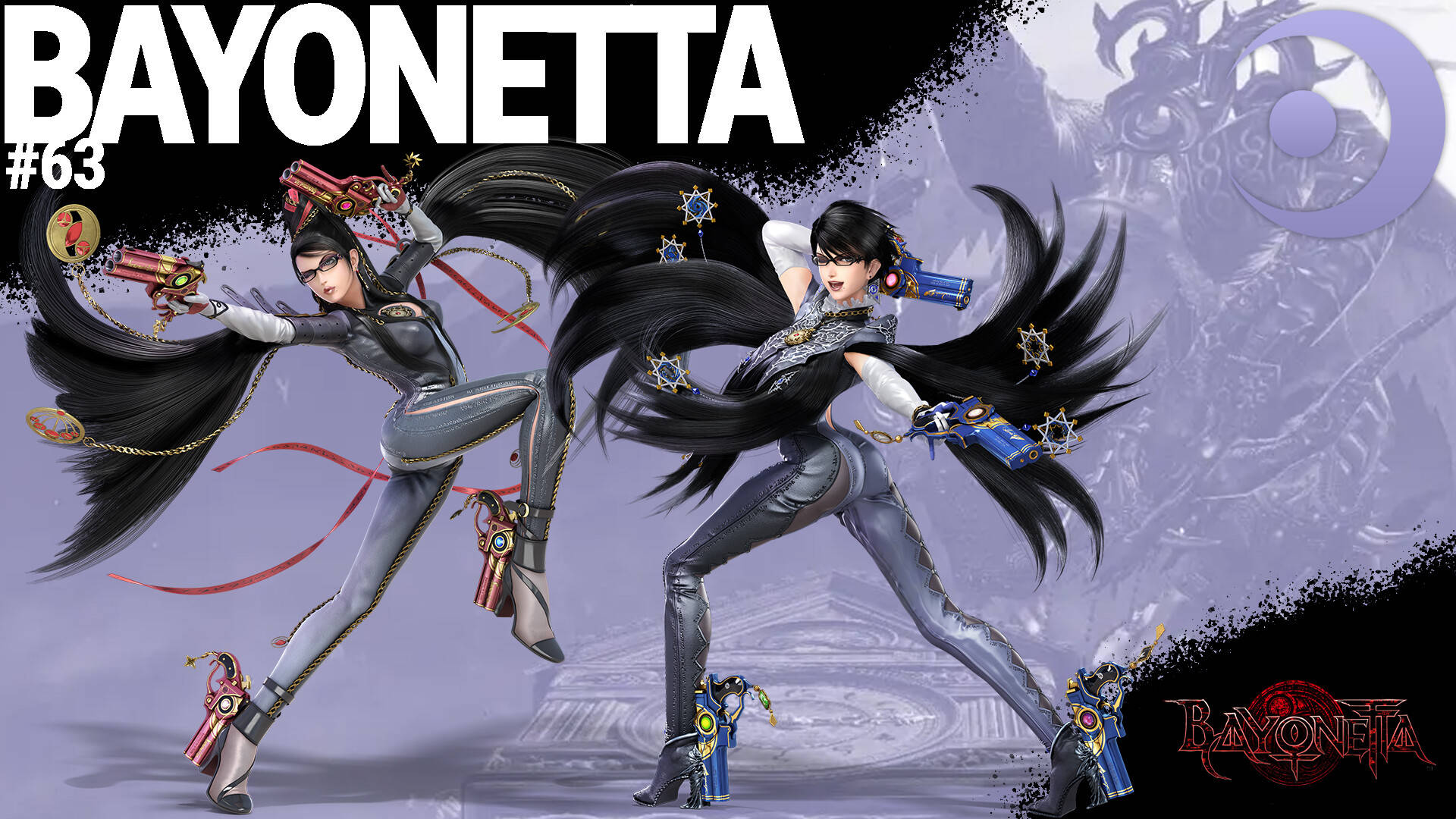 Bayonetta 兩個身影 壁紙 — Bayonetta 在神秘紫色背景下以槍和飄逸黑髮擺出動態戰鬥姿勢。