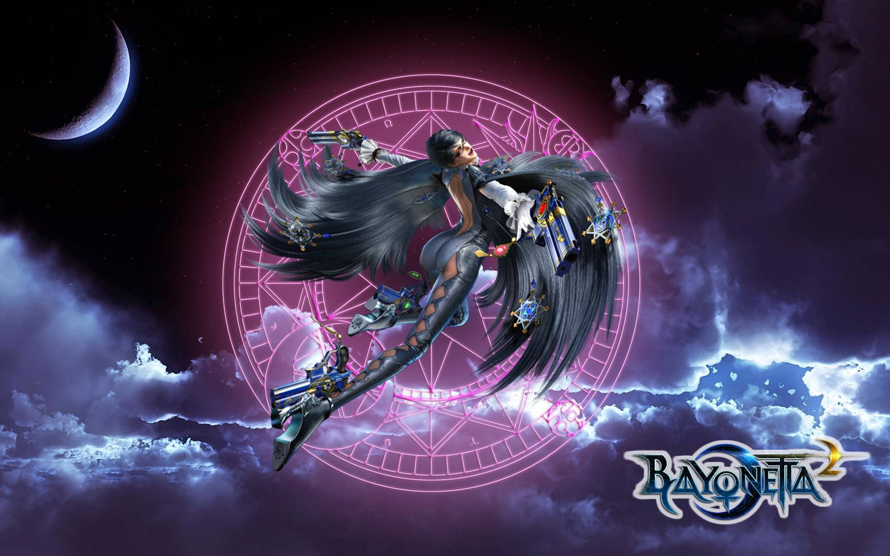 Bayonetta 夜空躍動 壁紙 — 一位動態的動漫戰士，長長的黑髮和雙槍，跳躍穿過由發光的粉紅色符號和彎月框住的宇宙天空。