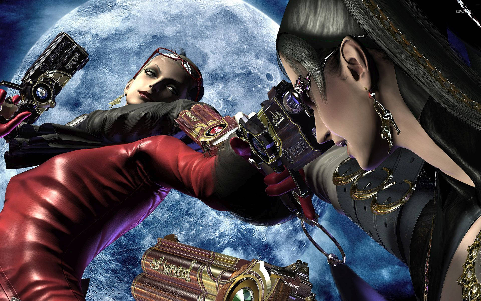Bayonetta 對戰 Jeanne 壁紙 — 兩個動漫風格女性角色穿著未來裝備，在巨大月亮背景下瞄準槍支。